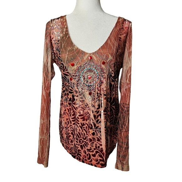 Boston Proper Large Top Vintage Velveteen Embellished Mesh Boho Retro Brown LS - Picture 1 of 11